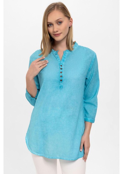 Mavi Düğmeli Truvakar Kolu Şile Bezi Sıfır Yaka Pamuklu Bluz fiyatları