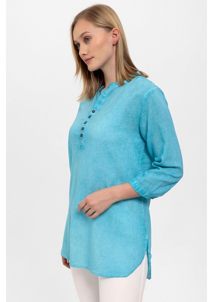 Mavi Düğmeli Truvakar Kolu Şile Bezi Sıfır Yaka Pamuklu Bluz modelleri