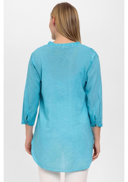 Mavi Düğmeli Truvakar Kolu Şile Bezi Sıfır Yaka Pamuklu Bluz fırsatları