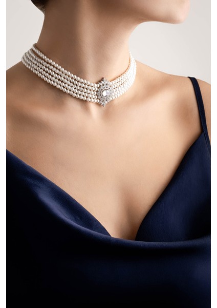 So CHIC Diana 18 Ayar Beyaz Altın Kaplama 38 cm Gümüş Choker Gerdanlık