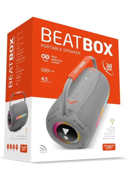 Beatbox Gri LED Işıklı Dayanıklı Ses Bombası USB Sd Aux Fm Radyo Bluetooh Hoparlör