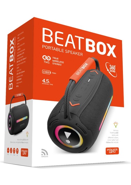 Beatbox Siyah LED Işıklı Dayanıklı Ses Bombası USB Sd Aux Fm Radyo Bluetooh Hoparlör