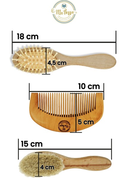 3'lü Doğal Bebek & Çocuk Saç Fırçası Seti(Keçi Kılı Saç Fırçası-Bambu Dişli Saç Fırçası-Ahşap Tarak)