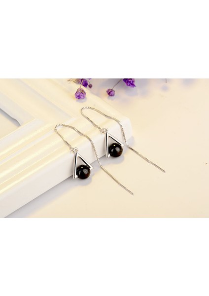 Güzel Üçgen Geometrik 925 Ayar Gümüş Takı Uzun Abartılı Doğal Siyah Kristal Püskül Dangle Küpe SE315 (Yurt Dışından) fırsatları