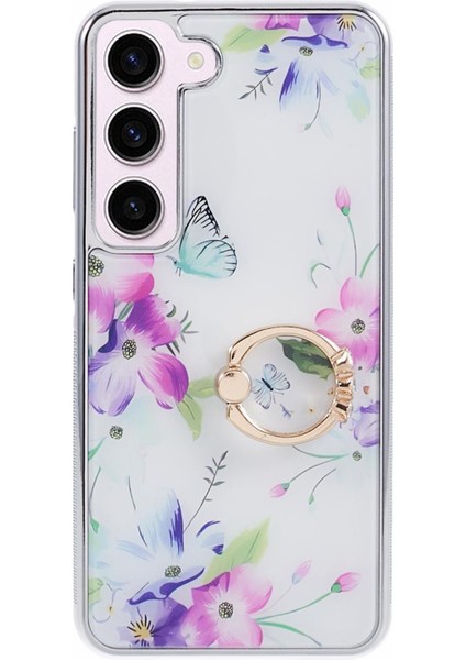 Samsung Galaxy S23 Elektrokaplama Imd Desen Pc+Tpu Beyaz Alt Çiçek Telefon Kılıfı (Yurt Dışından)
