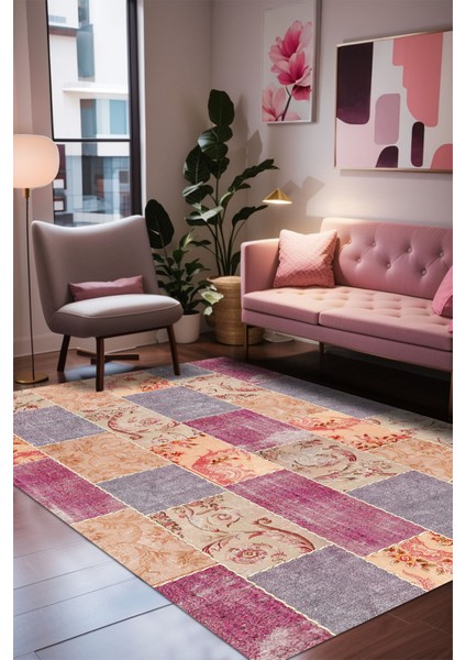 Lina Patchwork Kadife Yıkanabilir Kaymaz Pamuk Tabanlı Salon Halısı