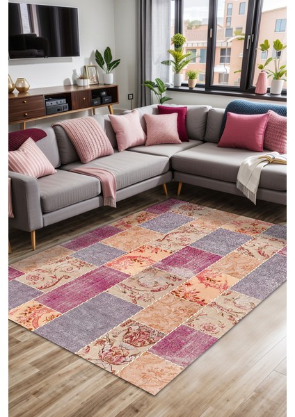 Lina Patchwork Kadife Yıkanabilir Kaymaz Pamuk Tabanlı Salon Halısı fiyatları