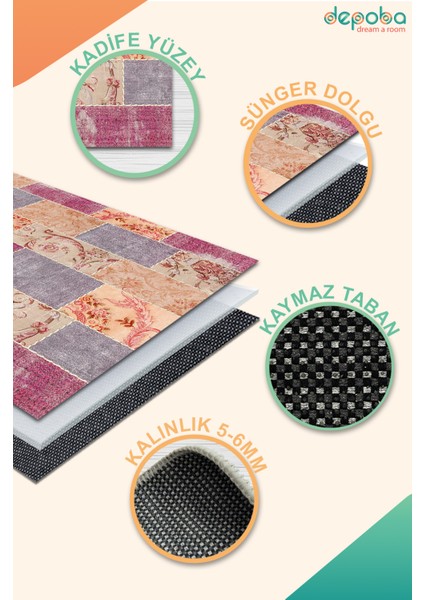 Lina Patchwork Kadife Yıkanabilir Kaymaz Pamuk Tabanlı Salon Halısı indirimleri