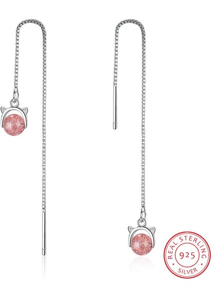 Gerçek 925 Ayar Gümüş 2019 Kadın Moda Sevimli Pembe Çilek Kristal Kedi Uzun Püskül Damla Küpe Kızı Kızlar Için (Yurt Dışından)