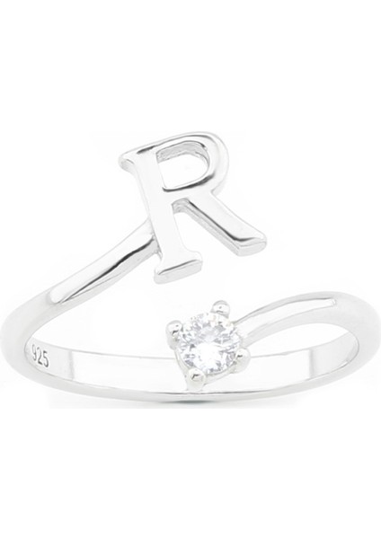 Gümüş 925 Ayar Kadın Yüzük R Harfi Zirkon Taşlı