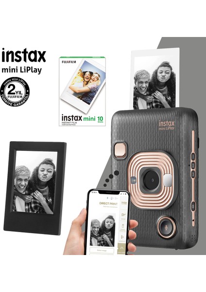 Instax Mini Liplay Hybrid Elegant Black Fotoğraf MAKINESI-10LU Mini Film ve Çerçeve