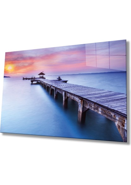 Gün Batımı Manzarası Ahşap Köprü Cam Tablo, Ev ve Ofis Duvar Dekoru, Hediyelik Büyük Cam Tablo