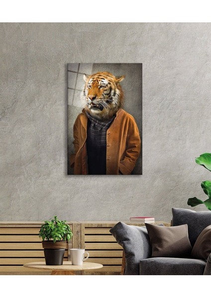 Insan Vücutlu Kaplan Hayvan Portresi Cam Tablo, Ev ve Ofis Duvar Dekoru, Hediyelik Büyük Cam Tablo fiyatları
