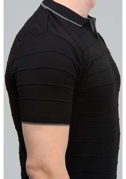 Siyah Kabartma Çizgi Polo Yaka Triko T-Shirt fiyatları