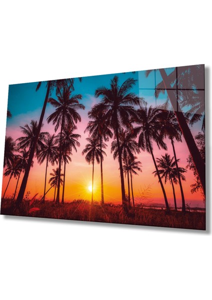 Günbatımı Manzara Palmiyeler Cam Tablo Ev ve Ofis Duvar Dekoru Hediyelik Büyük Tablo Dayanıklı Cam