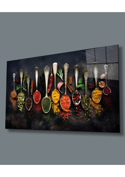 Baharat ve Kaşıklar Uv Baskılı Cam Tablo, Ev ve Ofis Duvar Dekoru Hediyelik