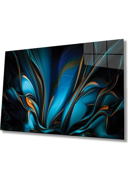 Mavi Turuncu Soyut Cam Tablo Ev ve Ofis Duvar Dekoru Hediyelik Büyük Tablo Dayanıklı Cam