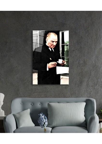 Atatürk Portresi Cam Tablo, Ev ve Ofis Duvar Dekoru, Hediyelik Büyük Temperli 4 mm Cam Tablo