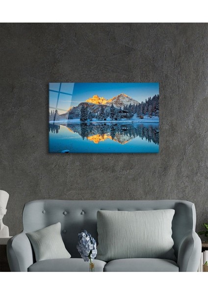 Mavi Dağ Yansıma Manzarası Cam Tablo, Ev ve Ofis Duvar Dekoru, Hediyelik Büyük Temperli Cam Tablo modelleri