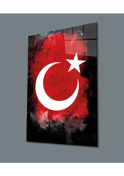 Siyah ve Kırmızı Fonlu Ay Yıldız Cam Tablo, Uv Baskılı ve Temperli, Hediyelik