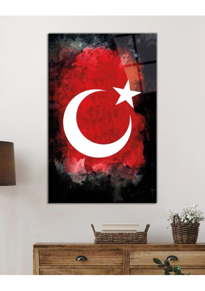 Siyah ve Kırmızı Fonlu Ay Yıldız Cam Tablo, Uv Baskılı ve Temperli, Hediyelik fiyatları