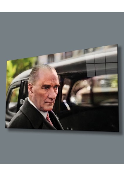 Atatürk ve Arabası Cam Tablo, Uv Baskılı ve Temperli, Hediyelik