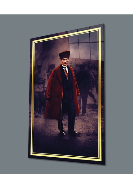 Gold Şerit Pardesülü Atatürk Cam Tablo, Uv Baskılı ve Temperli, Hediyelik