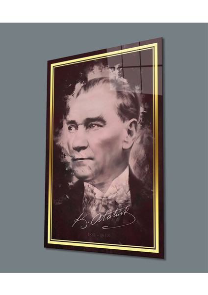 Gold Şerit Atatürk Cam Tablo, Uv Baskılı ve Temperli, Hediyelik