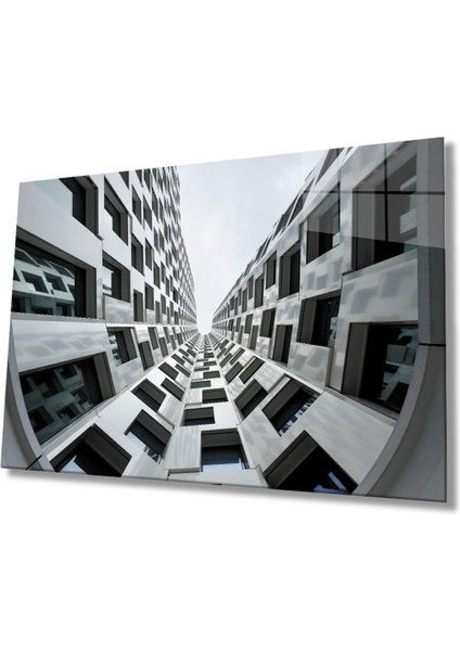 Geometrik Siyah Beyaz Bina Cam Tablo, Ev ve Ofis Duvar Dekoru Hediyelik Büyük Tablo Dayanıklı Cam