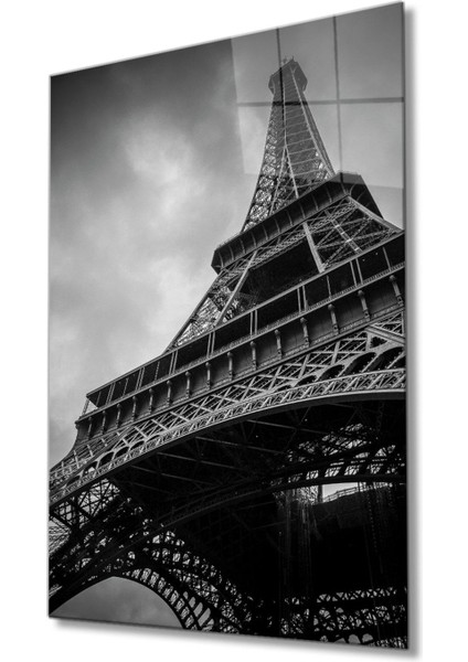 Eyfel Kulesi Aşağıdan Yukarı Doğru Cam Tablo, Ev ve Ofis Duvar Dekoru Hediyelik, 4mm Dayanıklı Cam