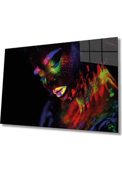 Yeşil Sarı Turuncu Mor Parıltılı Kadın Cam Tablo, Ev ve Ofis Duvar Dekoru, Hediyelik Büyük Cam Tablo