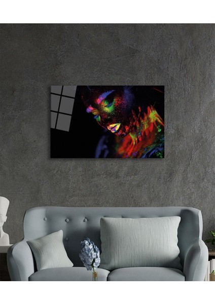 Yeşil Sarı Turuncu Mor Parıltılı Kadın Cam Tablo, Ev ve Ofis Duvar Dekoru, Hediyelik Büyük Cam Tablo modelleri