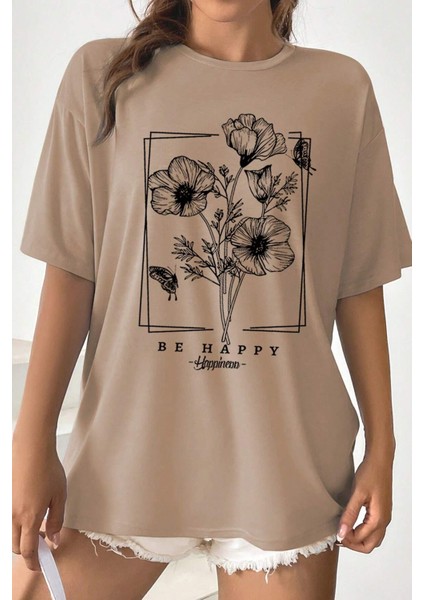 Only Trendwear Unisex Be Happy Baskılı Oversize Tshirt