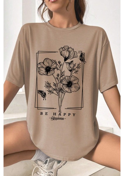 Only Trendwear Unisex Be Happy Baskılı Oversize Tshirt