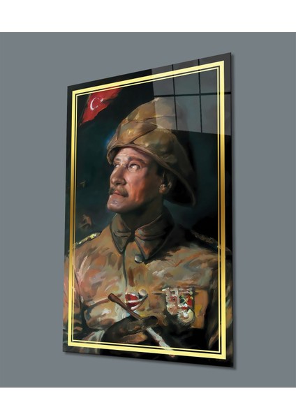 Gold Şerit Yapay Zeka Üniformalı Atatürk Cam Tablo, Uv Baskılı ve Temperli, Hediyelik