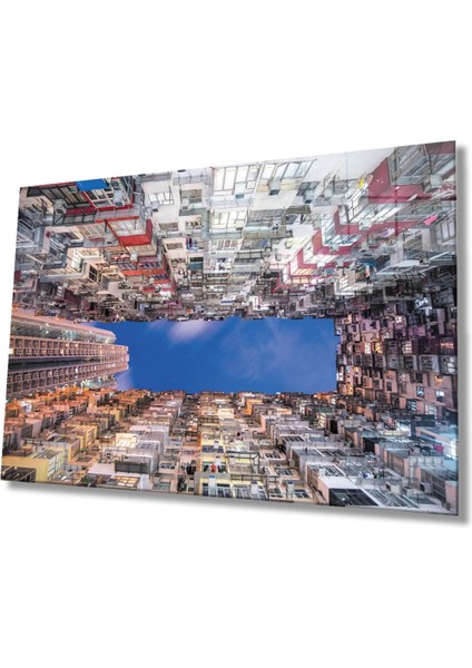 Renkli Geometrik Bina Cam Tablo, Ev ve Ofis Duvar Dekoru Hediyelik Büyük Tablo Dayanıklı Cam