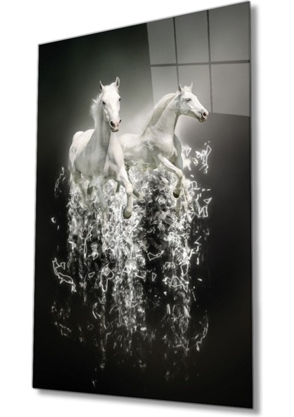Beyaz Atlar Hayvan Cam Tablo, Ev ve Ofis Duvar Dekoru Hediyelik Büyük Tablo Dayanıklı Cam