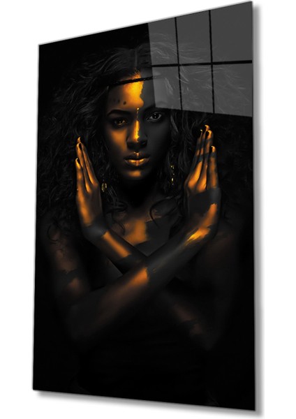 Altın ve Siyah Renkte Afrikalı Kadın Cam Tablo, Ev ve Ofis Duvar Dekoru, Hediyelik Dayanıklı Cam