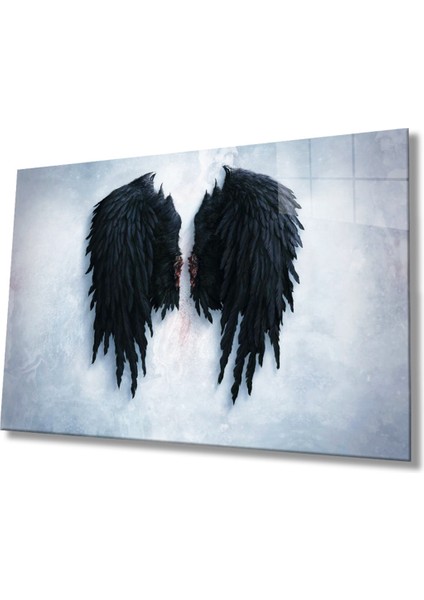 Siyah Kanatlar Cam Tablo Ev ve Ofis Duvar Dekoru Hediyelik Büyük Tablo 4mm Dayanıklı Temperli Cam