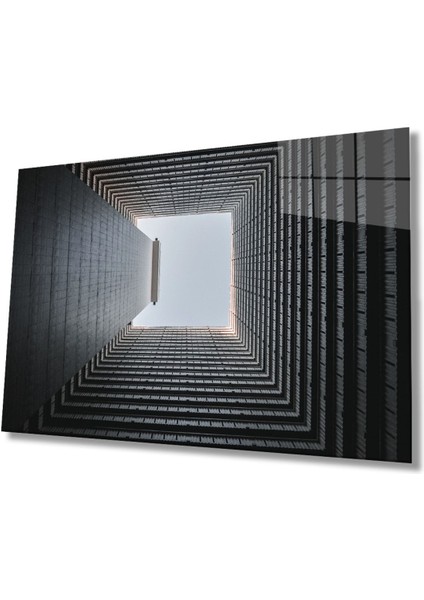 Siyah Beyaz Geometrik Bina Cam Tablo, Ev ve Ofis Duvar Dekoru Hediyelik Büyük Tablo Dayanıklı Cam