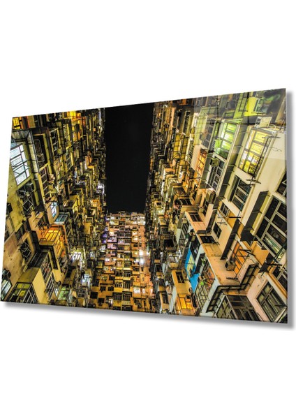 Renkli Balkonlu Bina Cam Tablo, Ev ve Ofis Duvar Dekoru Hediyelik Büyük Tablo Dayanıklı Cam