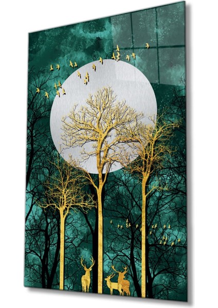 Soyut Altın Geyik Ağacı Cam Tablo, Ev ve Ofis Duvar Dekoru Hediyelik Büyük Tablo Dayanıklı Cam