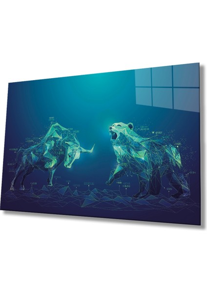 Mavi Boğa Kutup Ayısı Soyut Cam Tablo, Ev ve Ofis Duvar Dekoru Hediyelik Büyük Tablo Dayanıklı Cam
