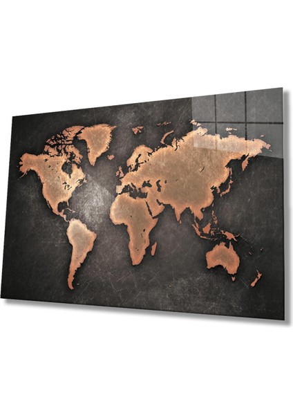 Eski Kahverengi Dünya Haritası Cam Tablo, Ev ve Ofis Duvar Dekor Hediyelik Büyük Tablo Dayanıklı Cam