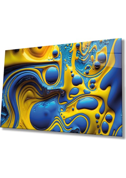 Mavi Sarı Soyut Cam Tablo, Ev ve Ofis Duvar Dekoru, Hediyelik Büyük Temperli 4 mm Cam Tablo