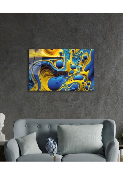 Mavi Sarı Soyut Cam Tablo, Ev ve Ofis Duvar Dekoru, Hediyelik Büyük Temperli 4 mm Cam Tablo modelleri