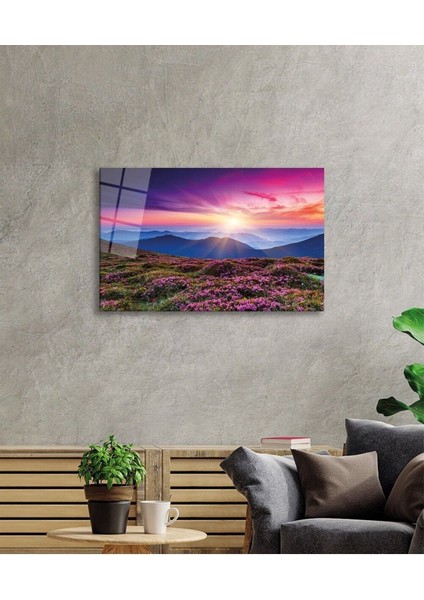 Pembe Dağ Manzarası Cam Tablo, Ev ve Ofis Duvar Dekoru, Hediyelik Büyük Temperli 4 mm Cam Tablo
