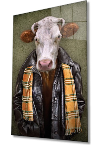 Insan Vücutlu Inek Hayvan Portresi Cam Tablo, Ev ve Ofis Duvar Dekoru, Hediyelik Büyük Cam Tablo