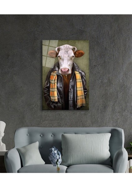 Insan Vücutlu Inek Hayvan Portresi Cam Tablo, Ev ve Ofis Duvar Dekoru, Hediyelik Büyük Cam Tablo modelleri