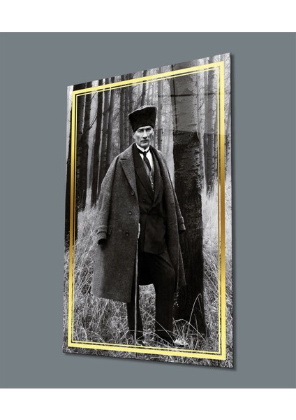 Gold Şerit Siyah Beyaz Atatürk Cam Tablo, Uv Baskılı ve Temperli, Hediyelik